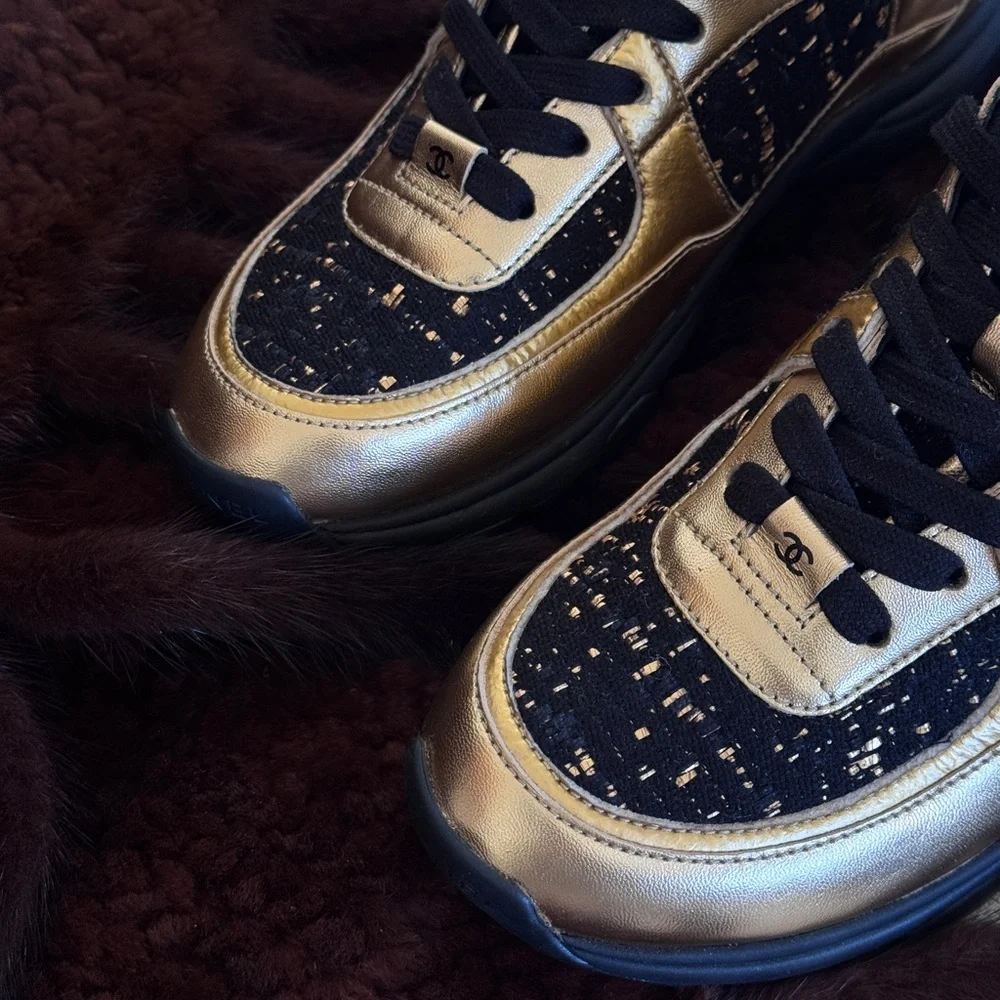 Chanel high top sneakers black and‎ gold with tweed Size 36 1/2